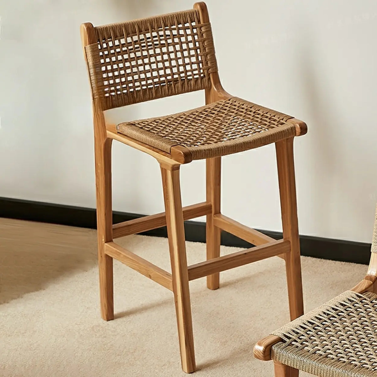 Scandinavian Woven Rope Wood Bar Stool with Low Back