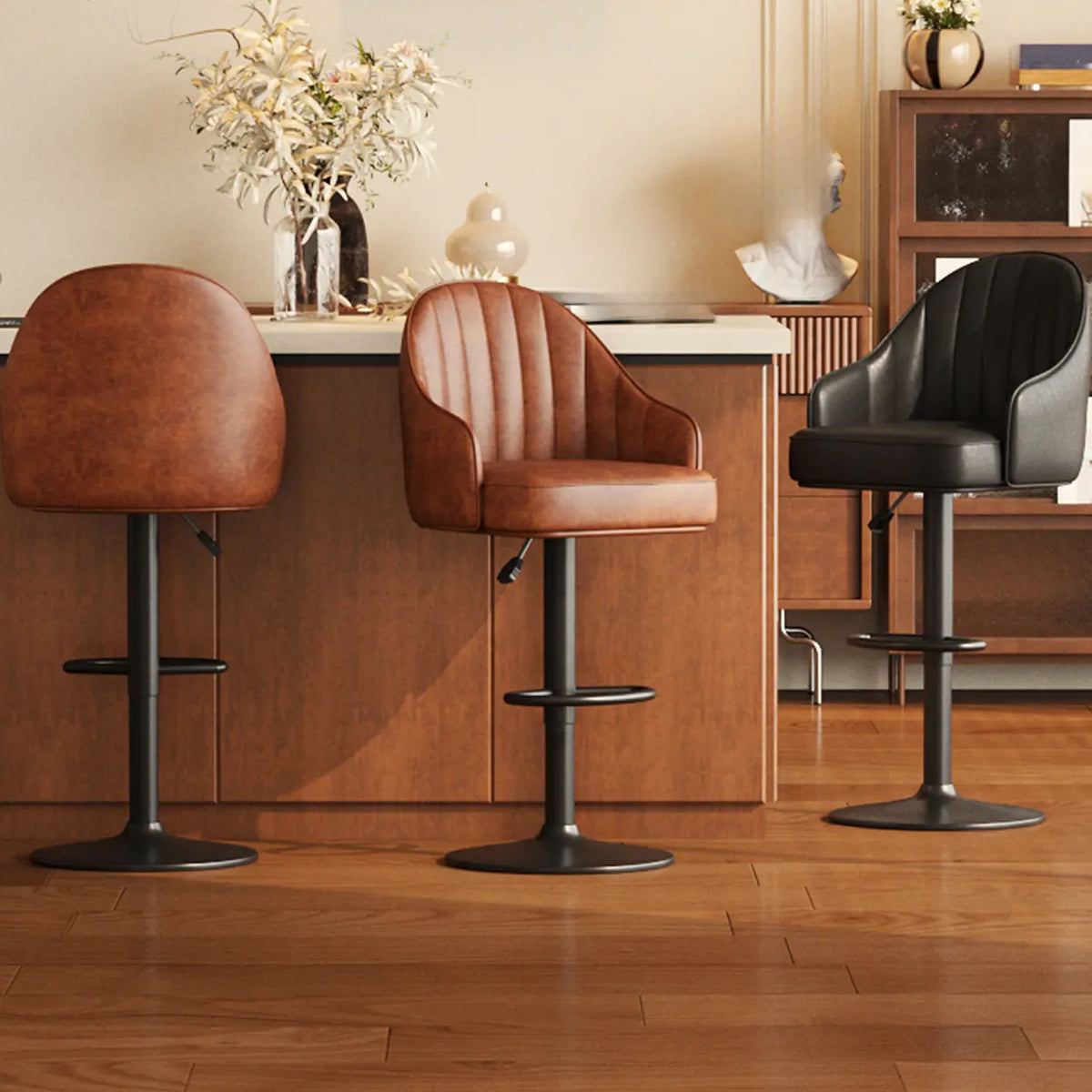 Upholstered Leather Bucket Bar Stool with Arms and Low Back