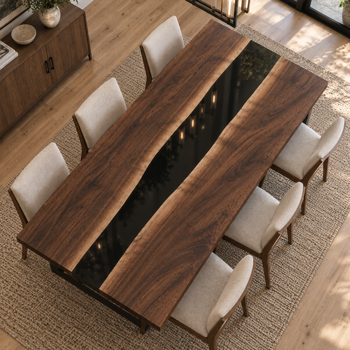 Walnut Black River Epoxy Dining Table, surface finish close up