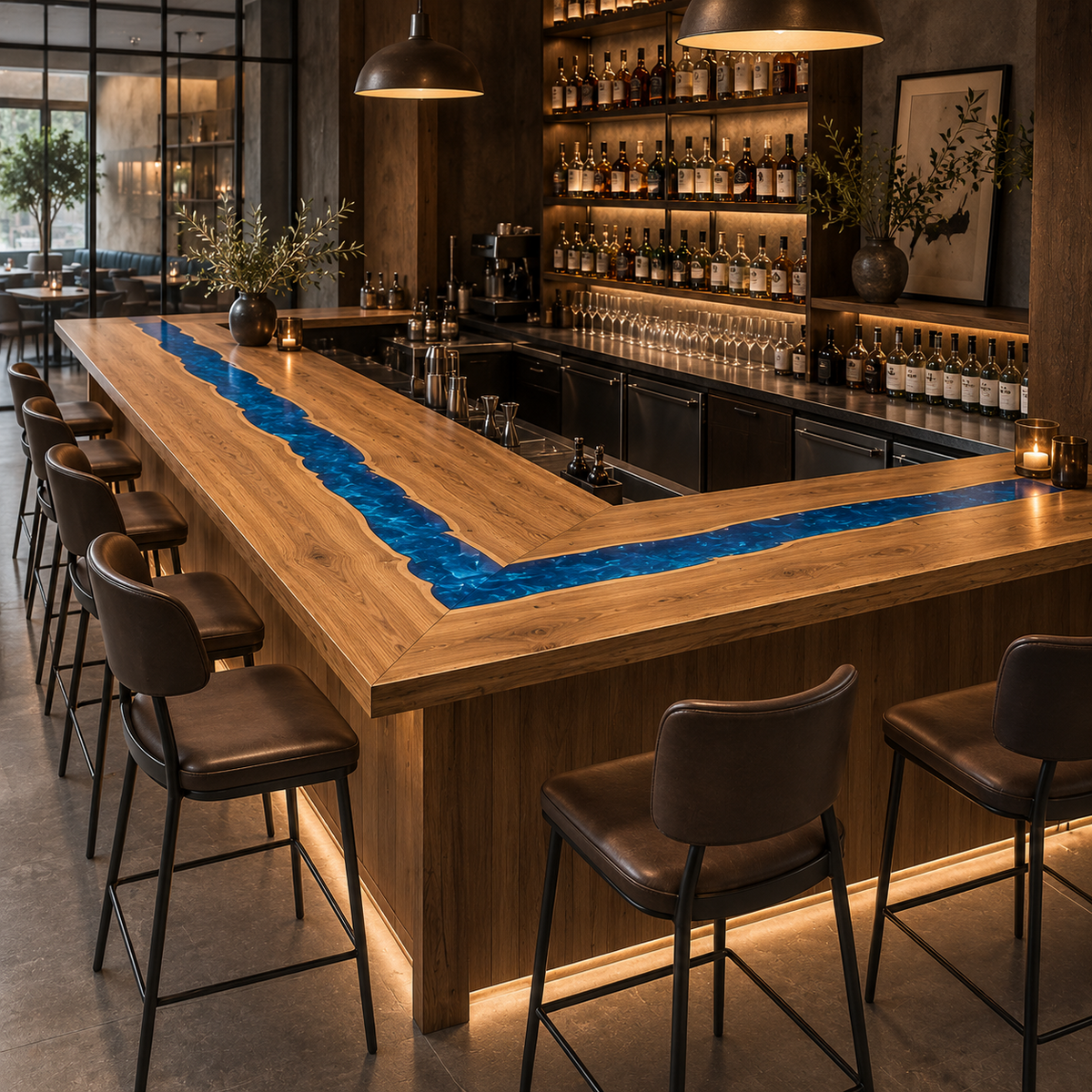 Walnut Blue Epoxy L-Shape Bar Table, styled in a dining space
