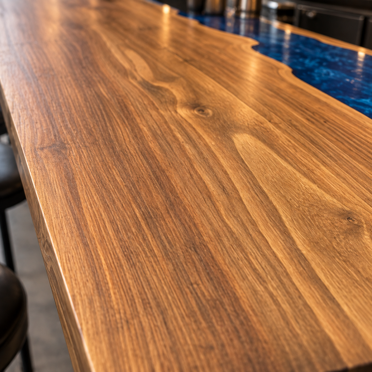 Walnut Blue Epoxy L-Shape Bar Table, leg and base detail