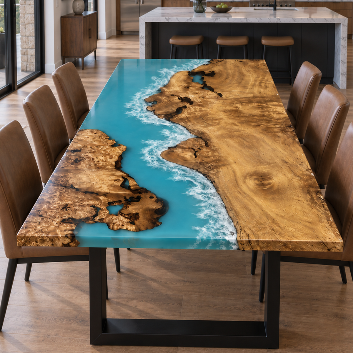 Golden Camphor Ocean Blue Epoxy Resin Table for Dining Room