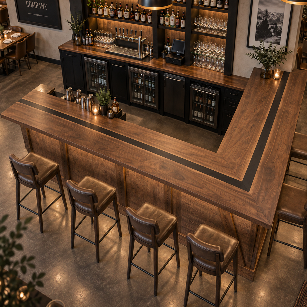 Black Walnut L-Shape Black River Epoxy Resin Bar Table for Hospitality Spaces