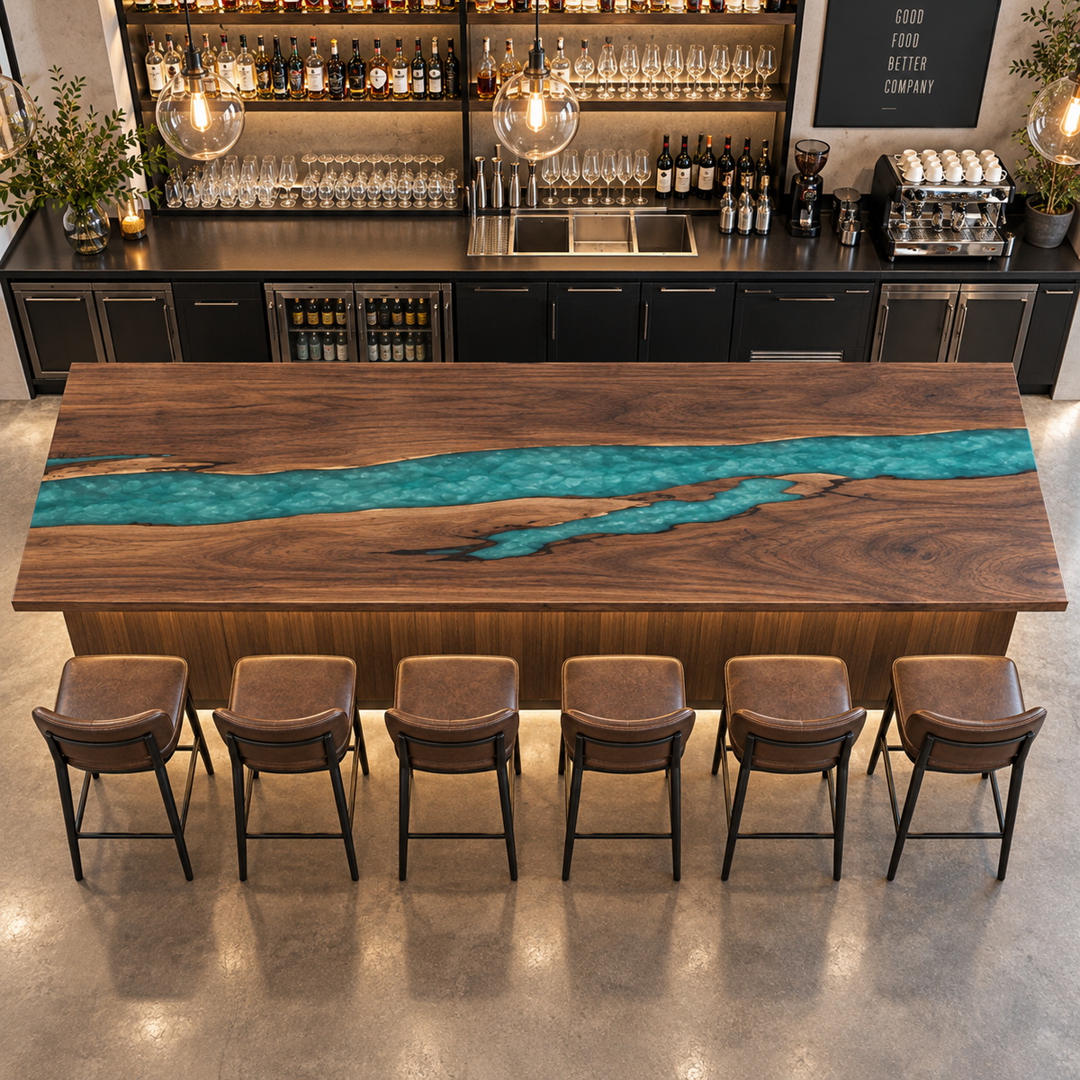 Walnut Wood L-Shape Swirl Blue Epoxy Resin Bar Counter Table