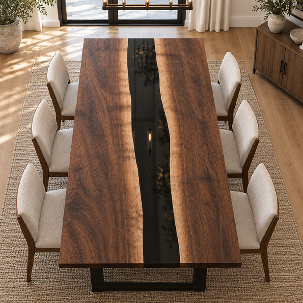 Handcrafted Black Walnut Black River Epoxy Resin Table for Dining Room