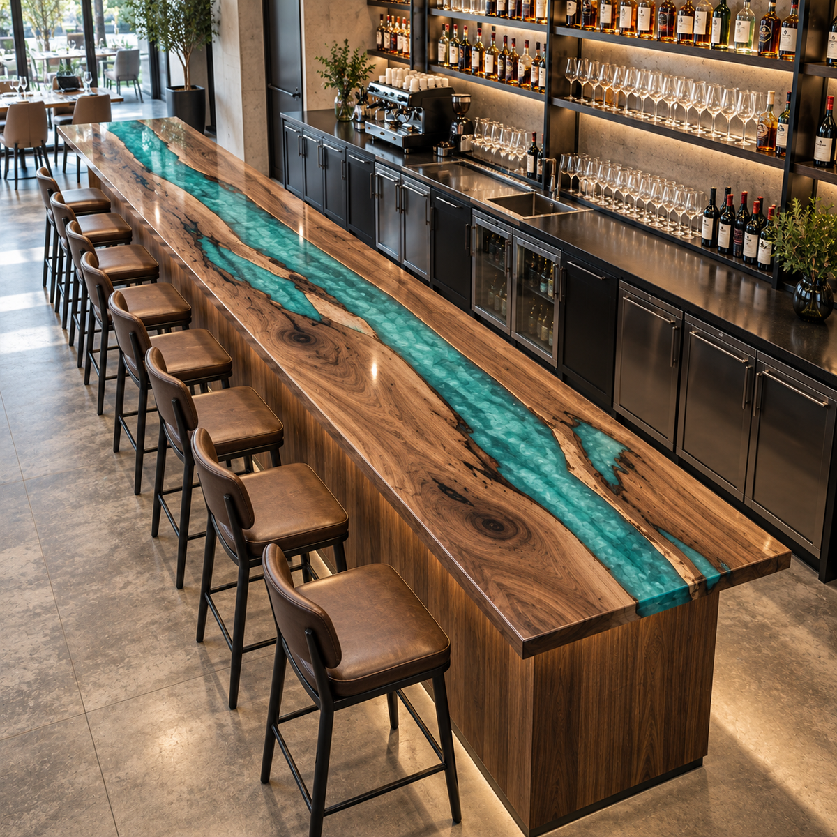 Walnut Wood L-Shape Swirl Blue Epoxy Resin Bar Counter Table