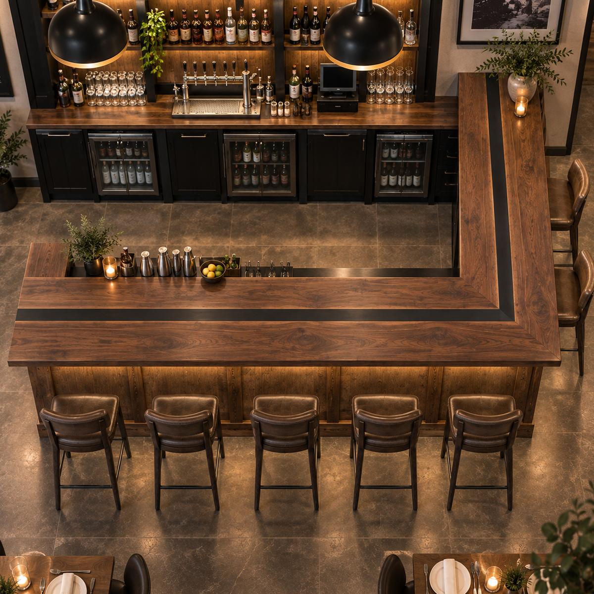 Black Walnut L-Shape Black River Epoxy Resin Bar Table for Hospitality Spaces