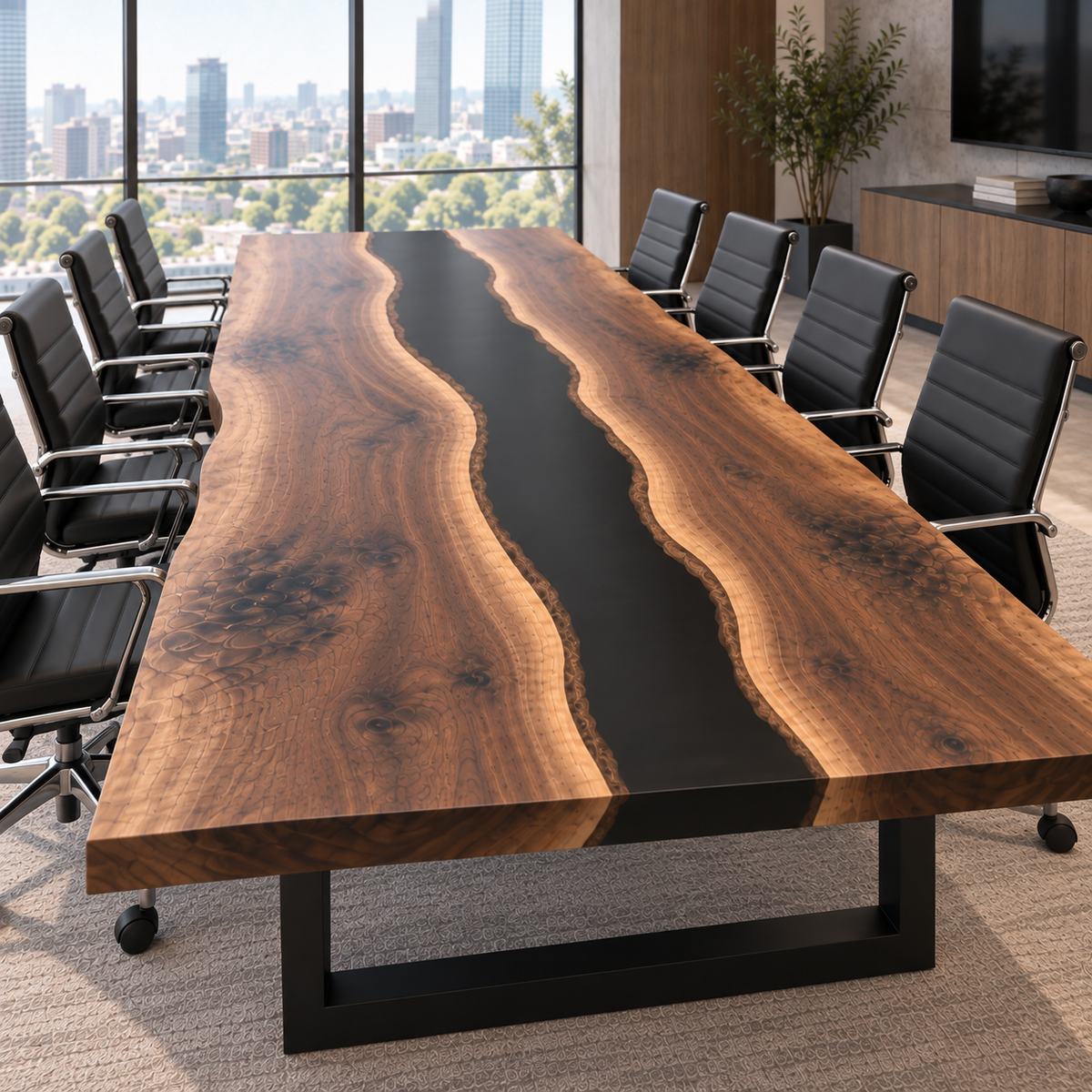 Live Edge Black Walnut Black Epoxy Resin Conference Table