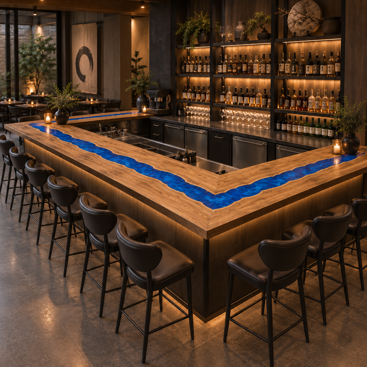 Walnut Wood Blue Epoxy L-Shape Bar Table for Restaurant