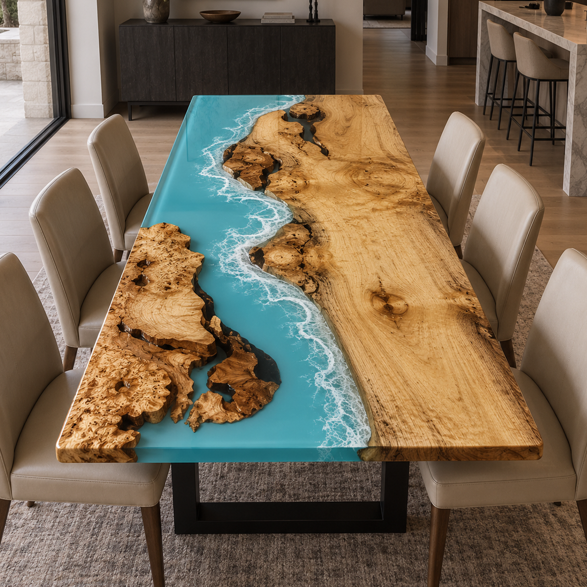 Golden Camphor Ocean Blue Epoxy Resin Table for Dining Room