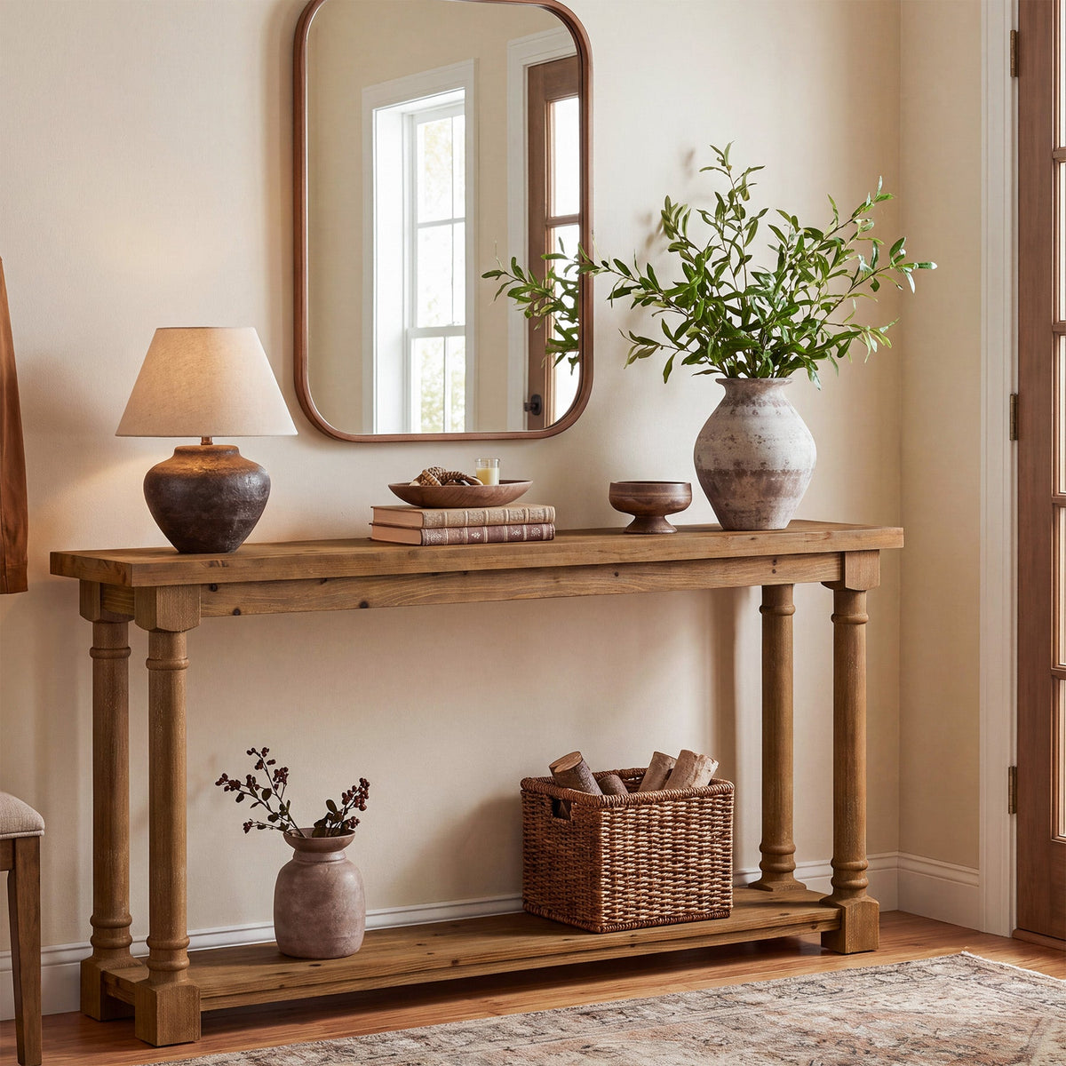 63" Solid Wood Console Table, 2-Tier Entryway Table with Turned Spindle Legs for Hallway