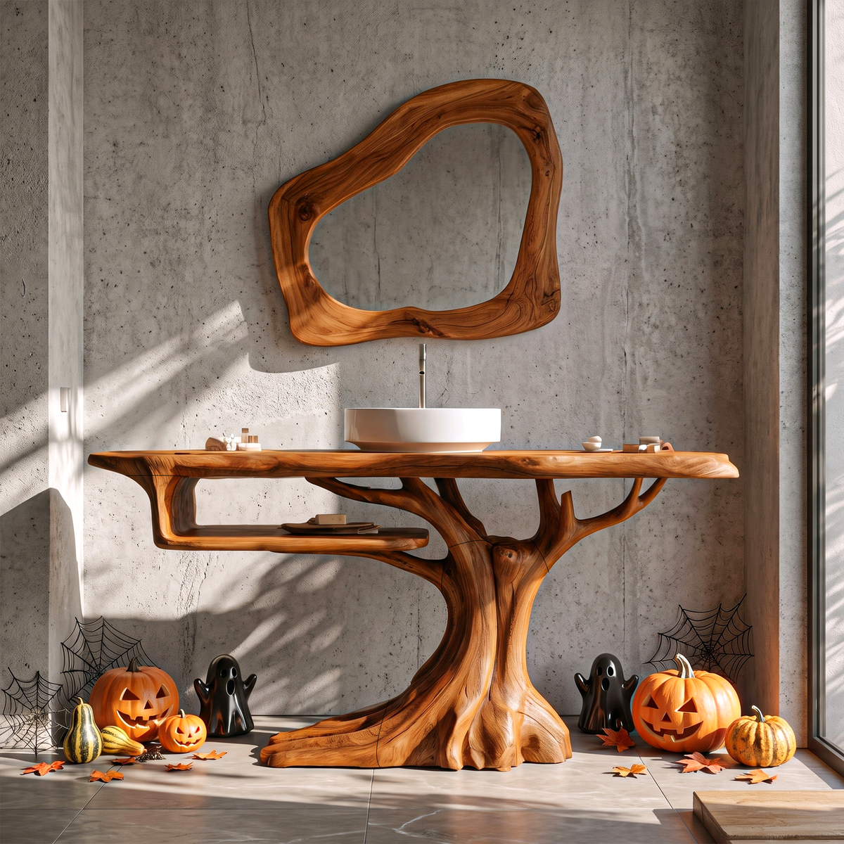Rustic Halloween Wooden Bathroom Vanity With Branch Inspired Frame For Bathroom SINLKIBRV341