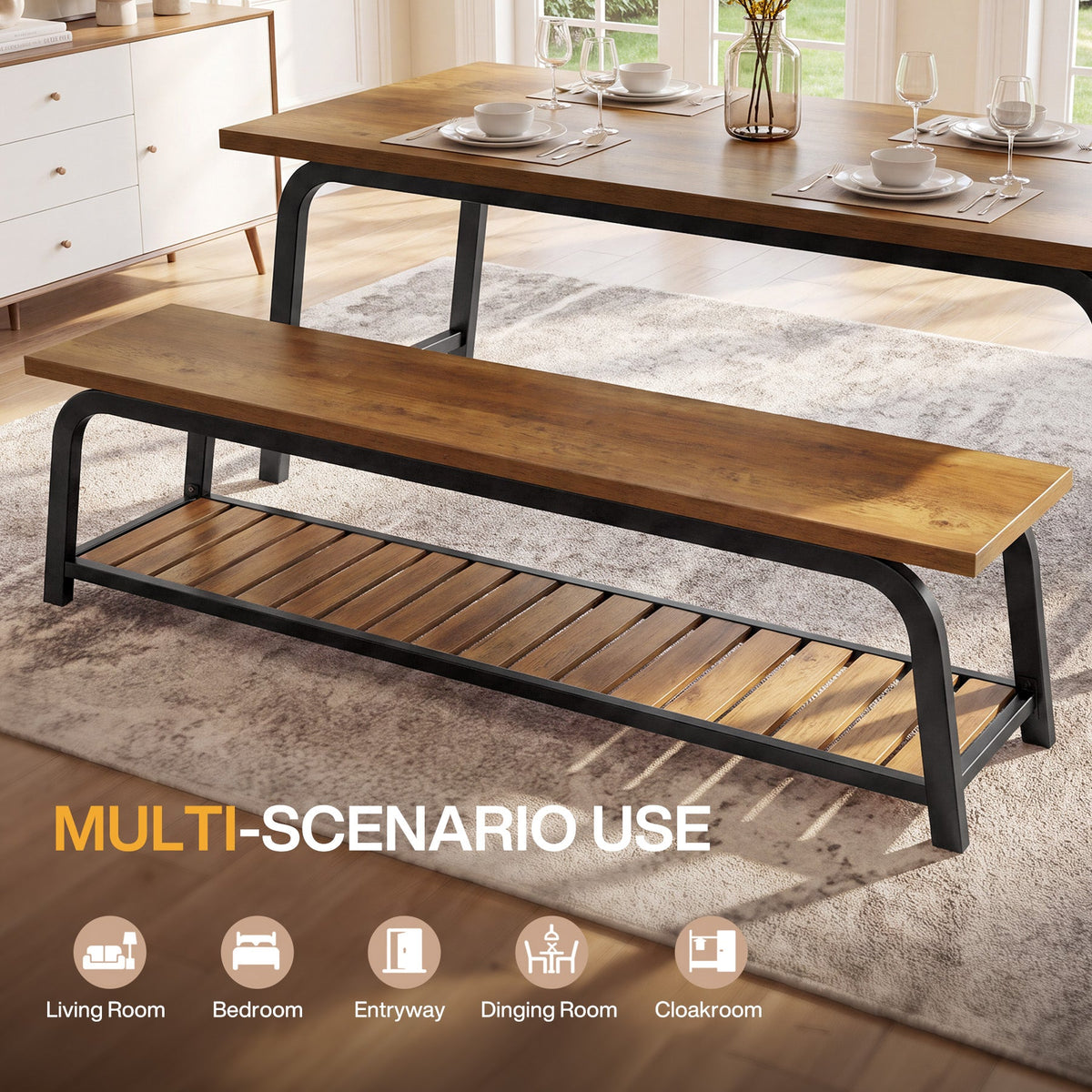 63" Industrial Dining Bench, 2-Tier Kitchen Bench with Metal Frame for Dining Room