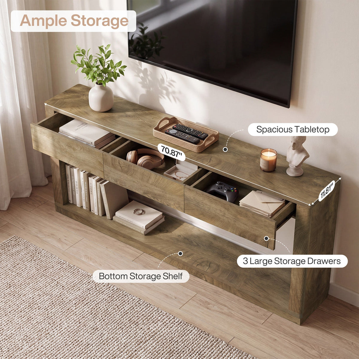 70.9" Console Table with 3-Drawer, Long Sofa Table with Open Storage Shelf for Entryway