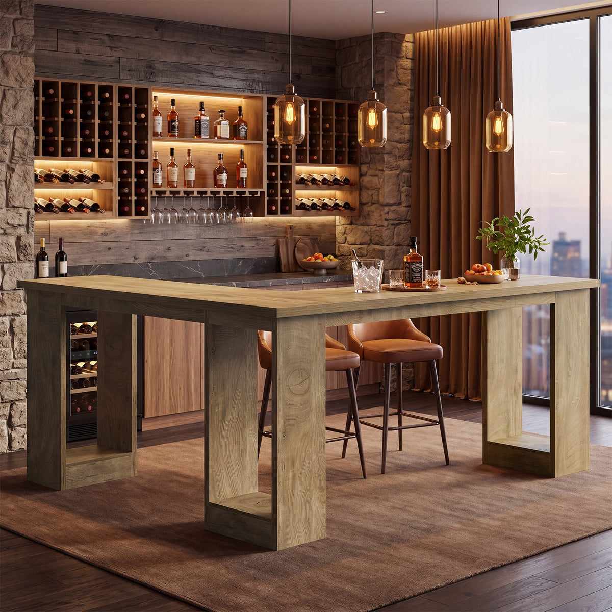 L-Shaped Bar Table, Corner Counter Height Pub Table with Hollow Legs