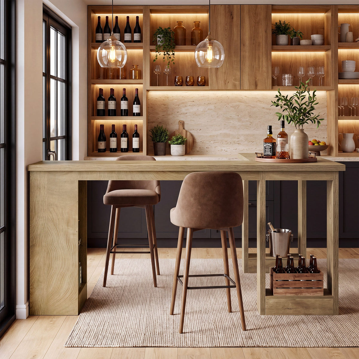 L-Shaped Bar Table, Corner Counter Height Pub Table with Hollow Legs