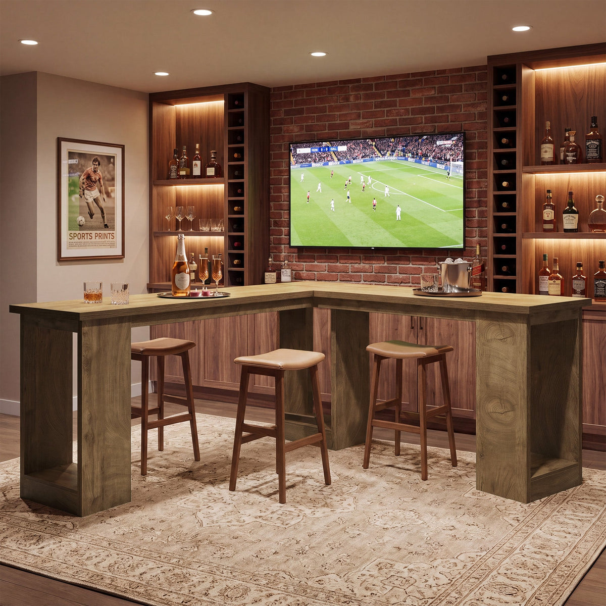L-Shaped Bar Table, Corner Counter Height Pub Table with Hollow Legs
