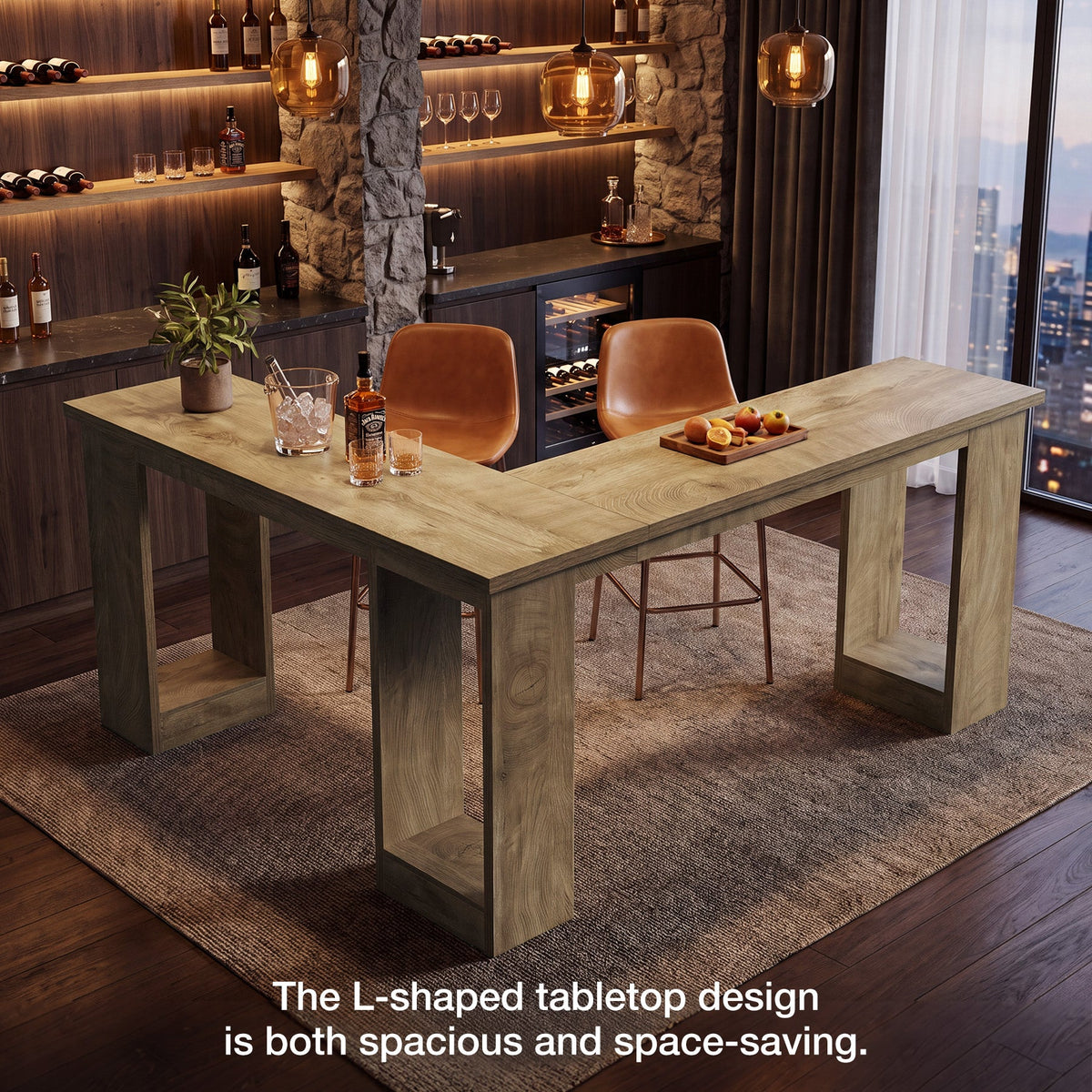L-Shaped Bar Table, Corner Counter Height Pub Table with Hollow Legs