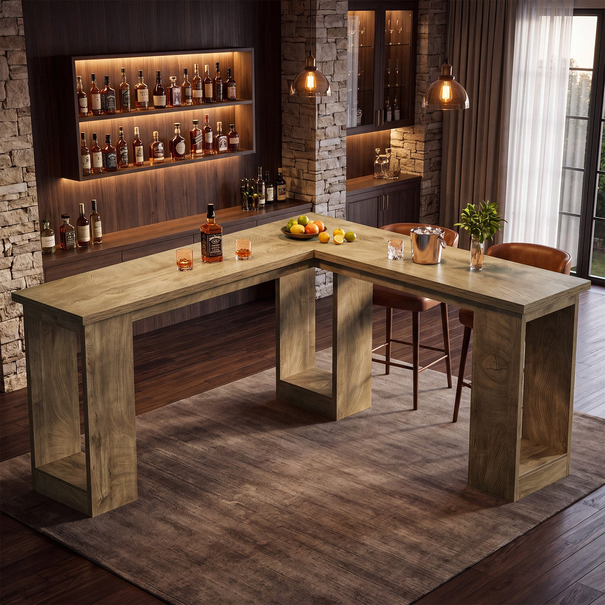 L-Shaped Bar Table, Corner Counter Height Pub Table with Hollow Legs