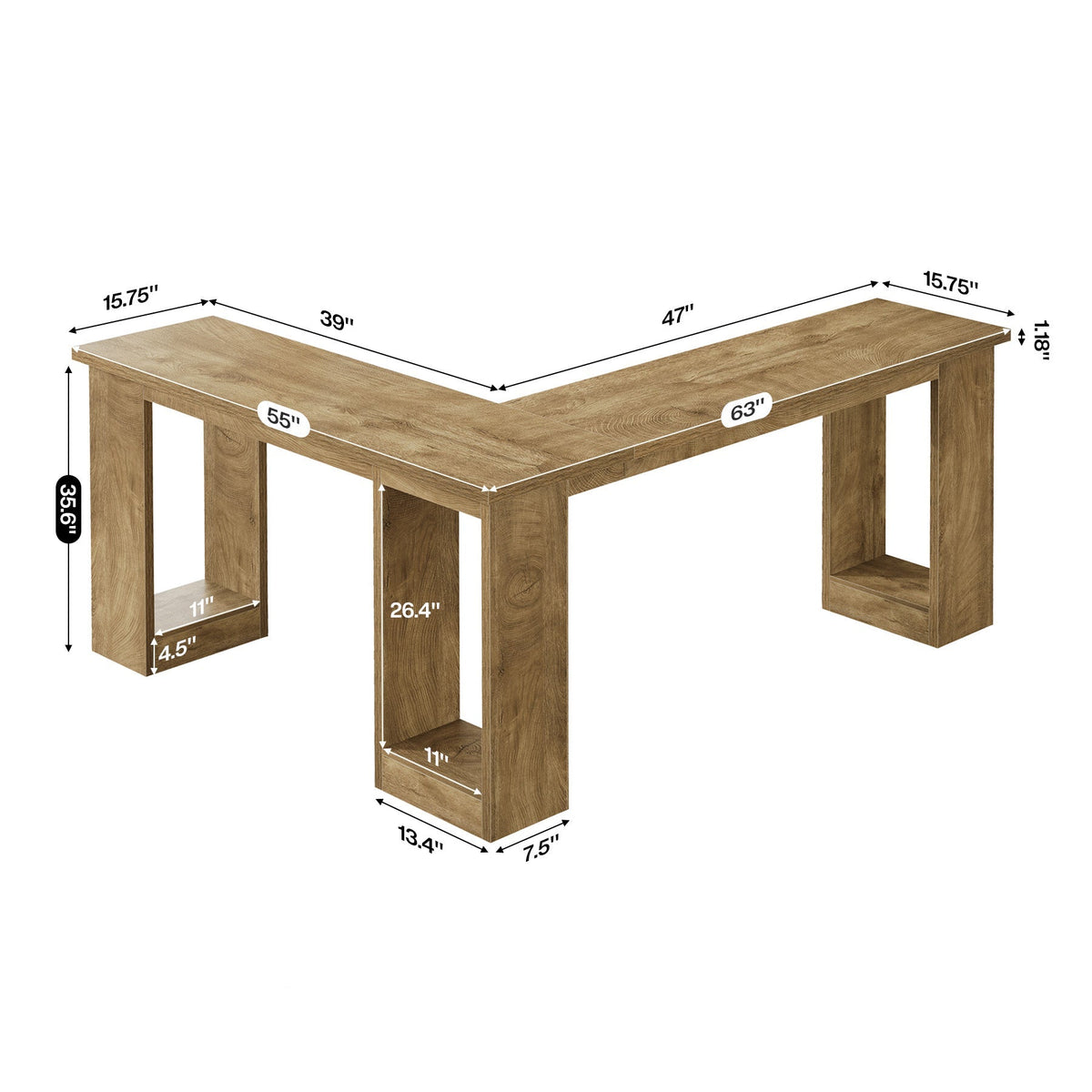 L-Shaped Bar Table, Corner Counter Height Pub Table with Hollow Legs