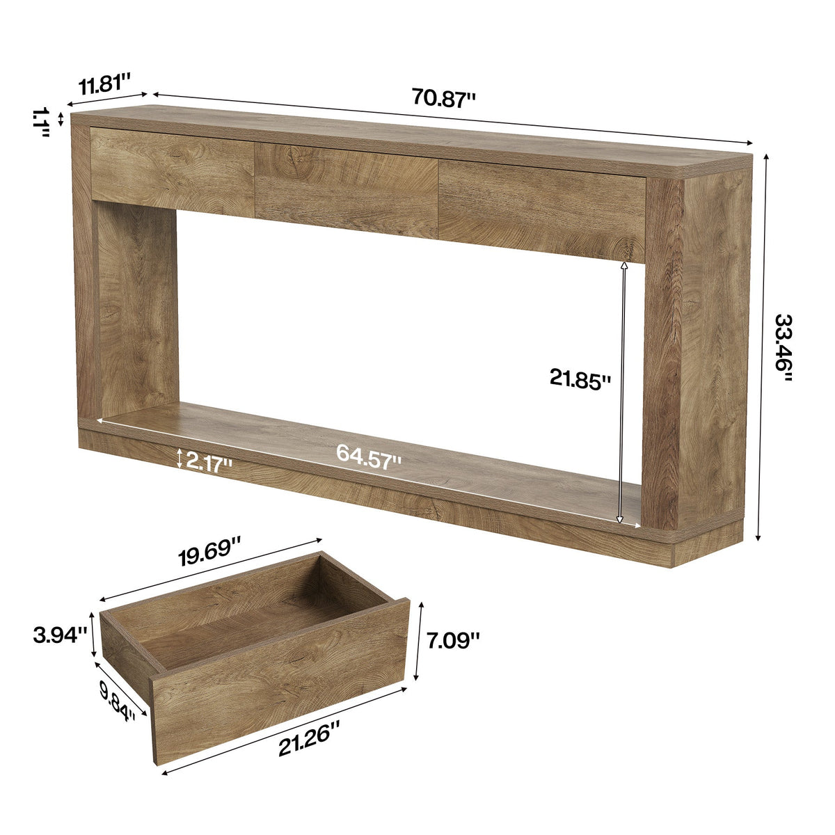 70.9" Console Table with 3-Drawer, Long Sofa Table with Open Storage Shelf for Entryway