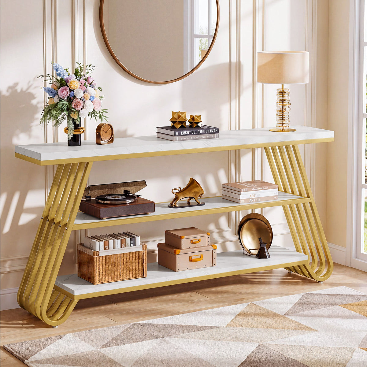 71" Faux Marble Console Table, 3-Tier Modern Entryway Sofa Table, Living Room