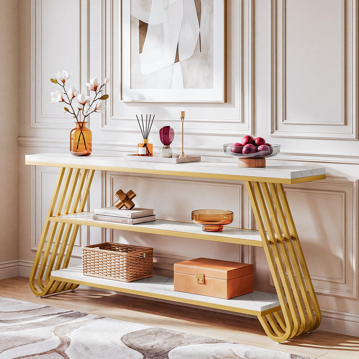 71" Faux Marble Console Table, 3-Tier Modern Entryway Sofa Table, Living Room