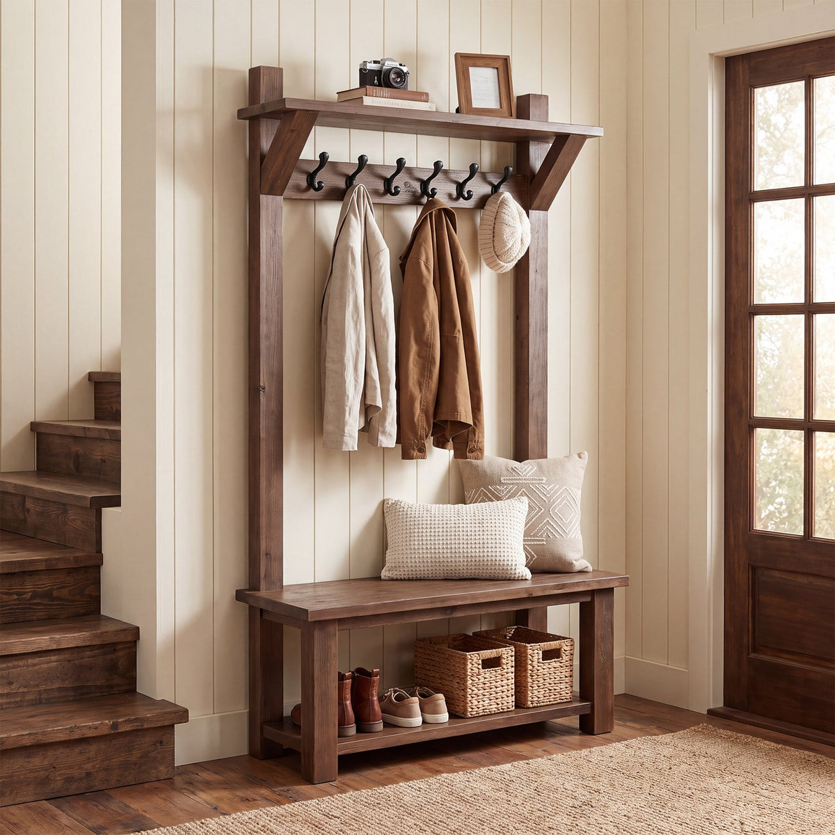 71" Solid Wood Hall Tree, 4-in-1 with 2-Tier Shoe Rack, 6 Hooks, Farmhouse Entryway