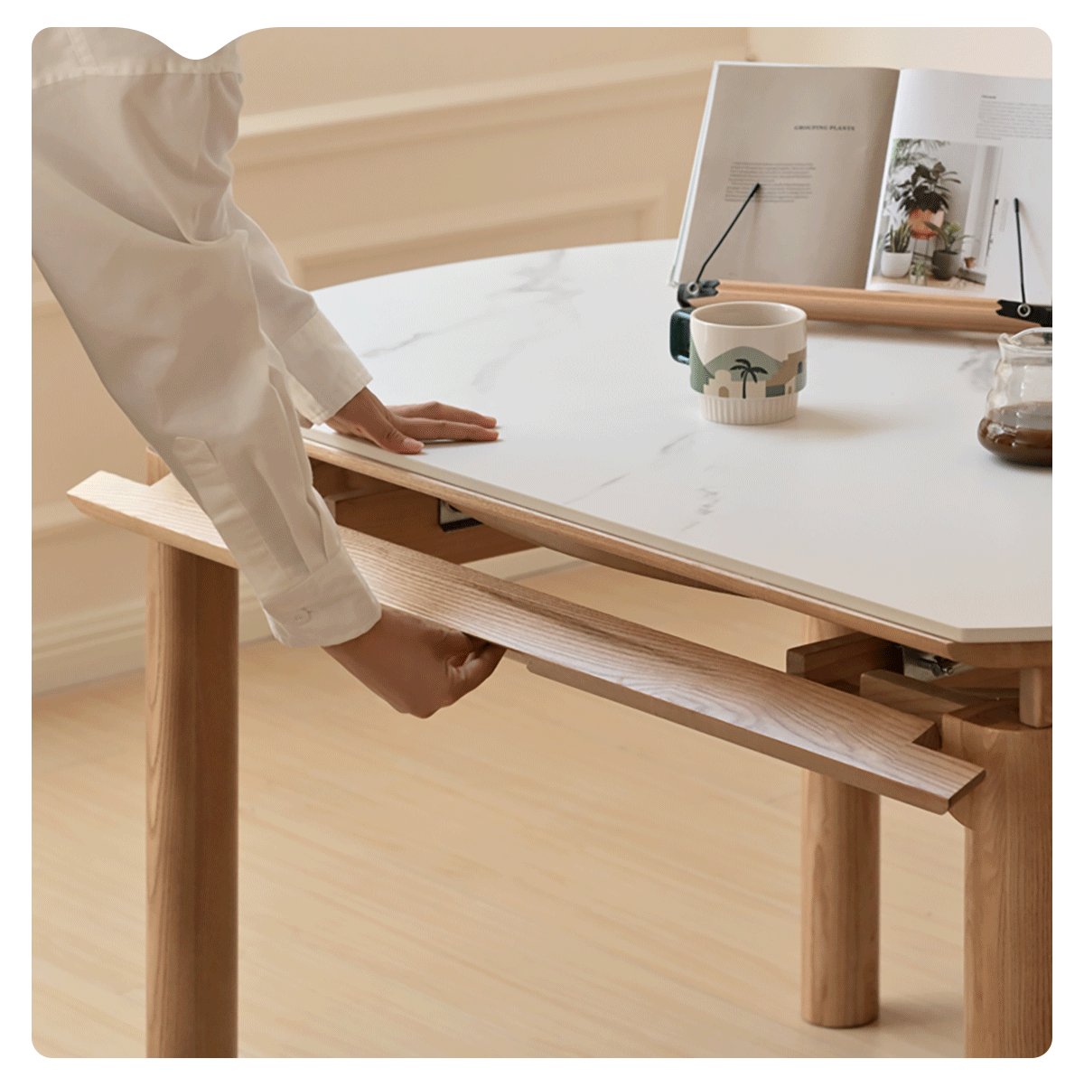 Scandinavian Oak Wood Sintered Stone Extendable Round Dining Table ORBIT