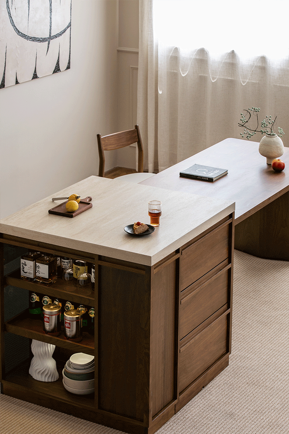 Japandi Walnut Wood Sintered Stone Island Dining Table With Cabinet AXIS