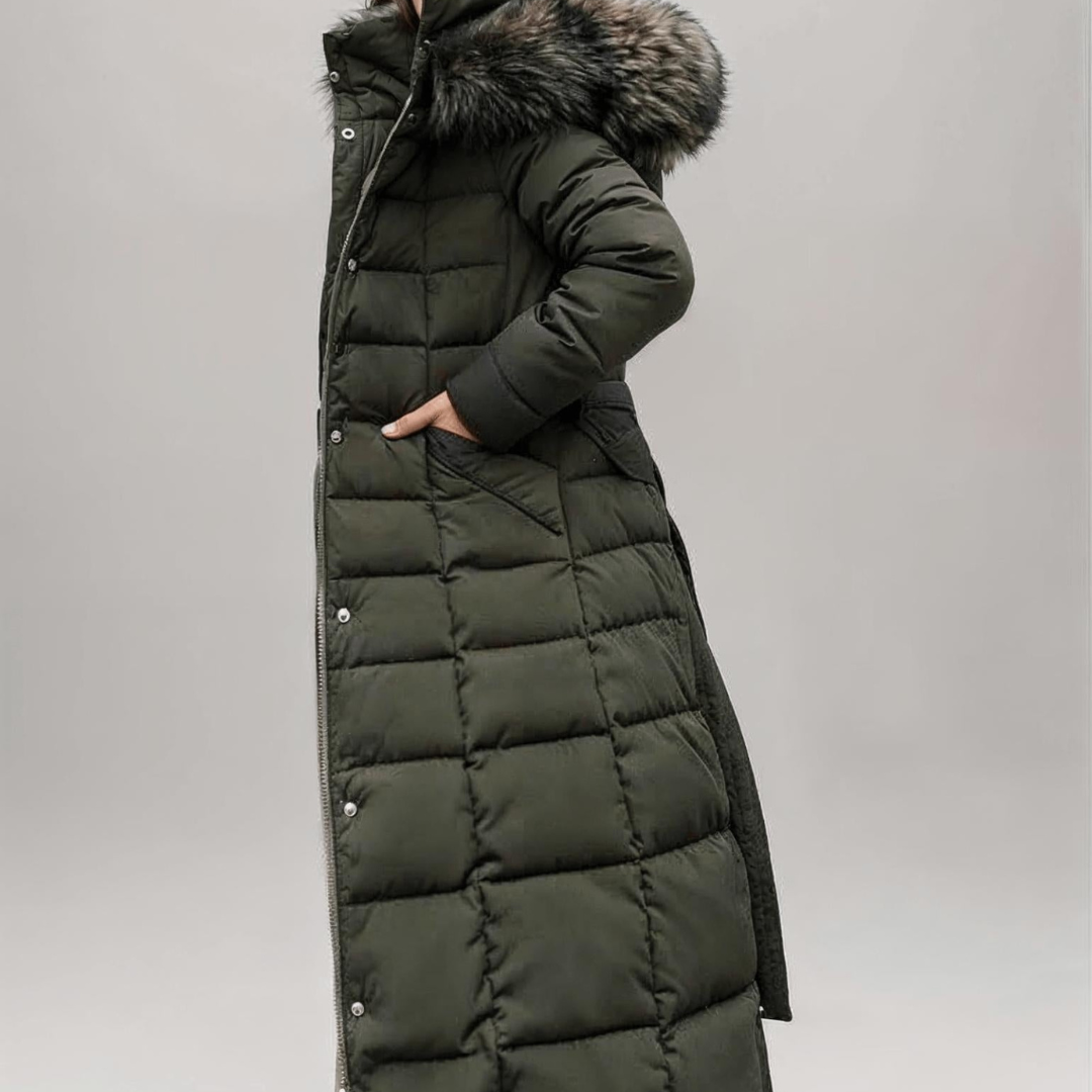 Sophia | Women’s Long Belted Puffer Coat | Faux Fur