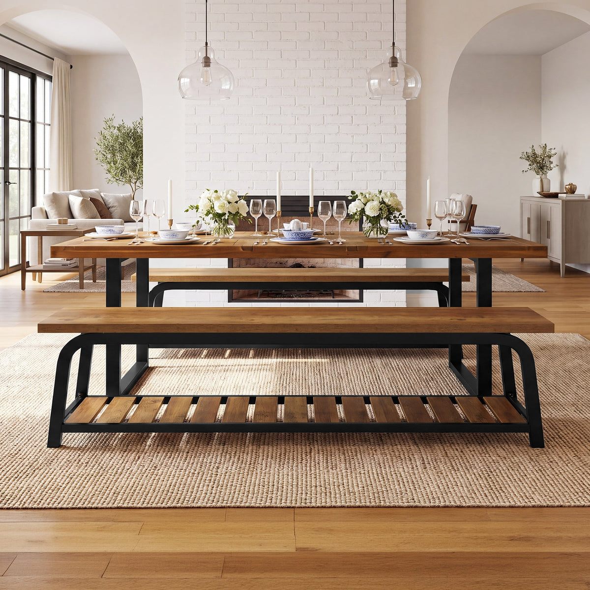 63" Industrial Dining Bench, 2-Tier Kitchen Bench with Metal Frame for Dining Room