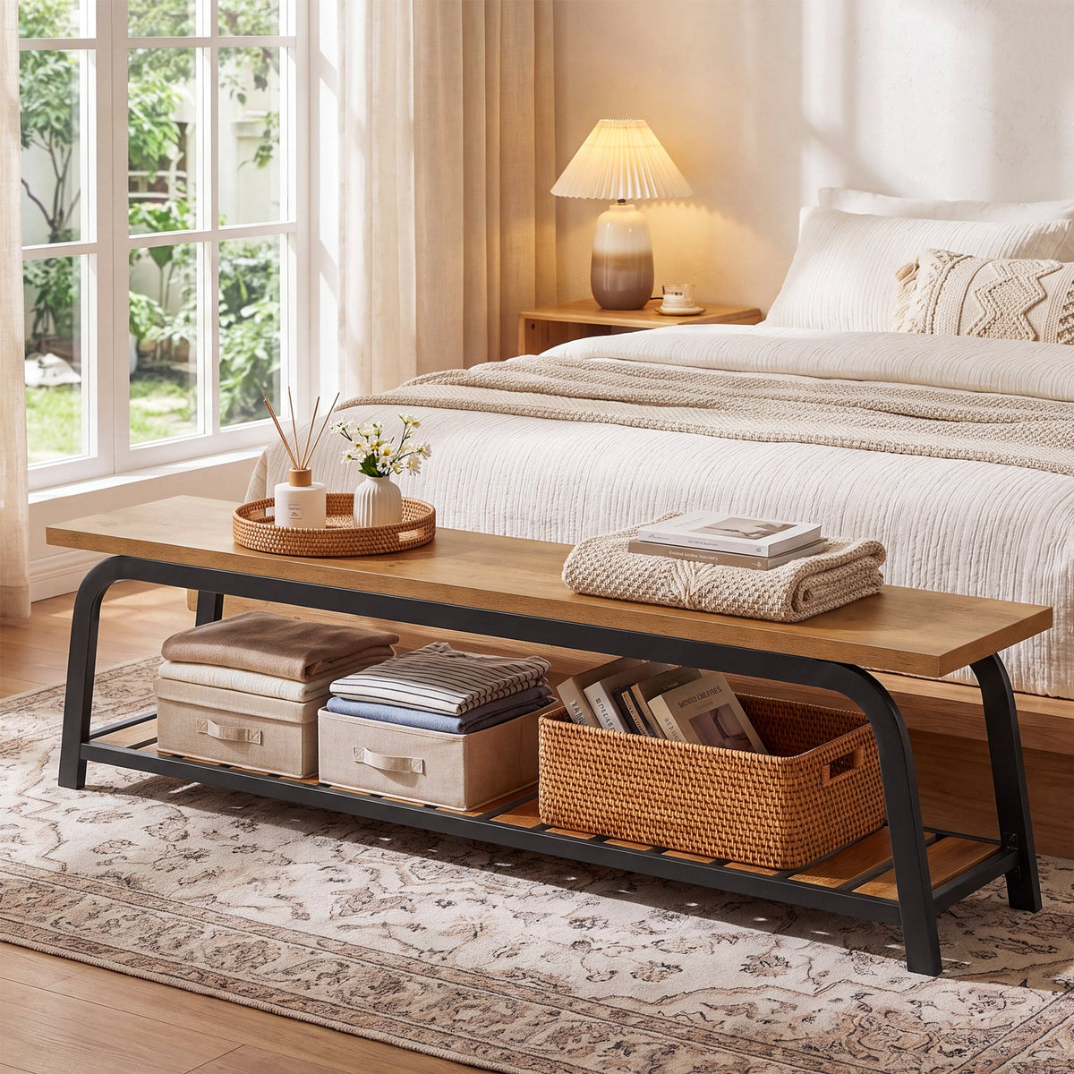 63" Industrial Entryway Bench, 2-Tier Shoe Storage Bench with Metal Frame for Hallway