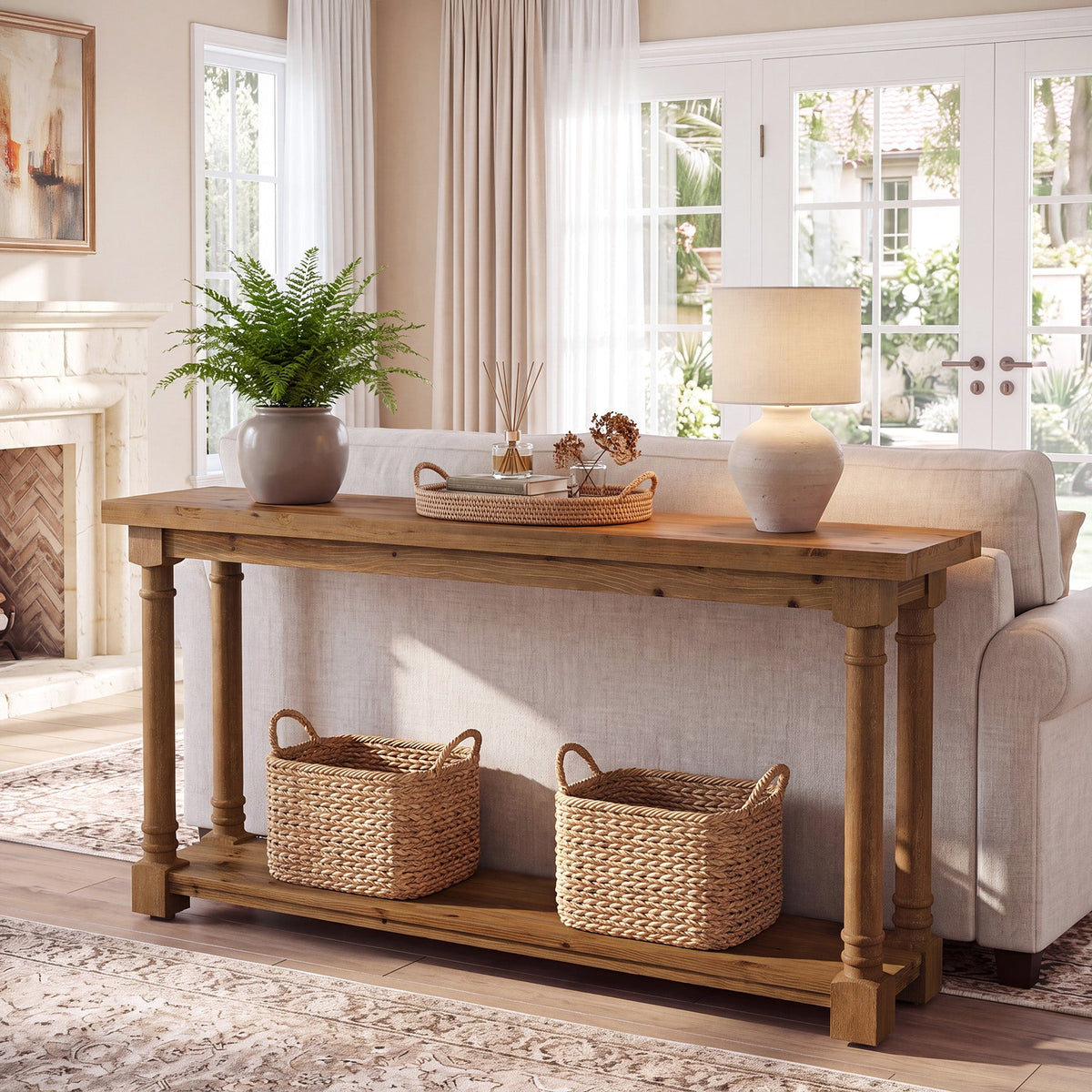 63" Solid Wood Console Table, 2-Tier Entryway Table with Turned Spindle Legs for Hallway