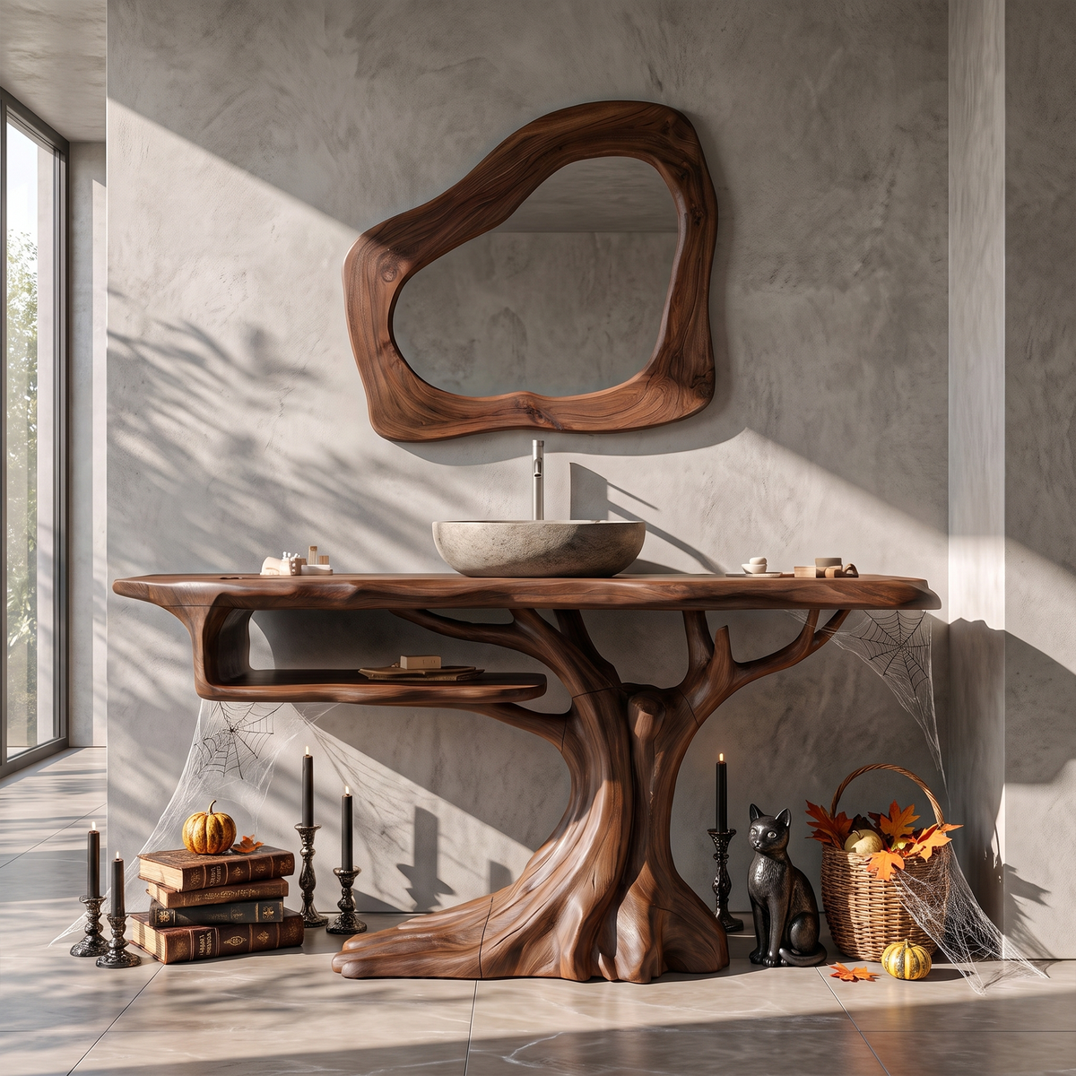 Rustic Halloween Wooden Bathroom Vanity With Branch Inspired Frame For Bathroom SINLKIBRV341