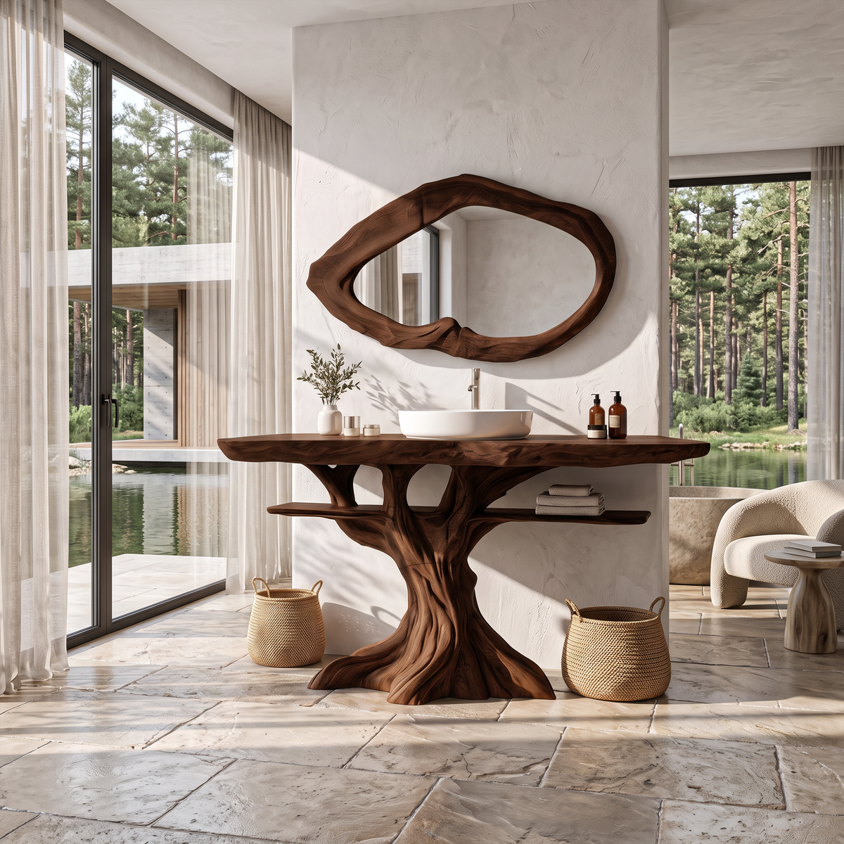 Contemporary Wooden Bathroom Vanity With Tree Inspired Frame For Bathroom SINLKIBRV345