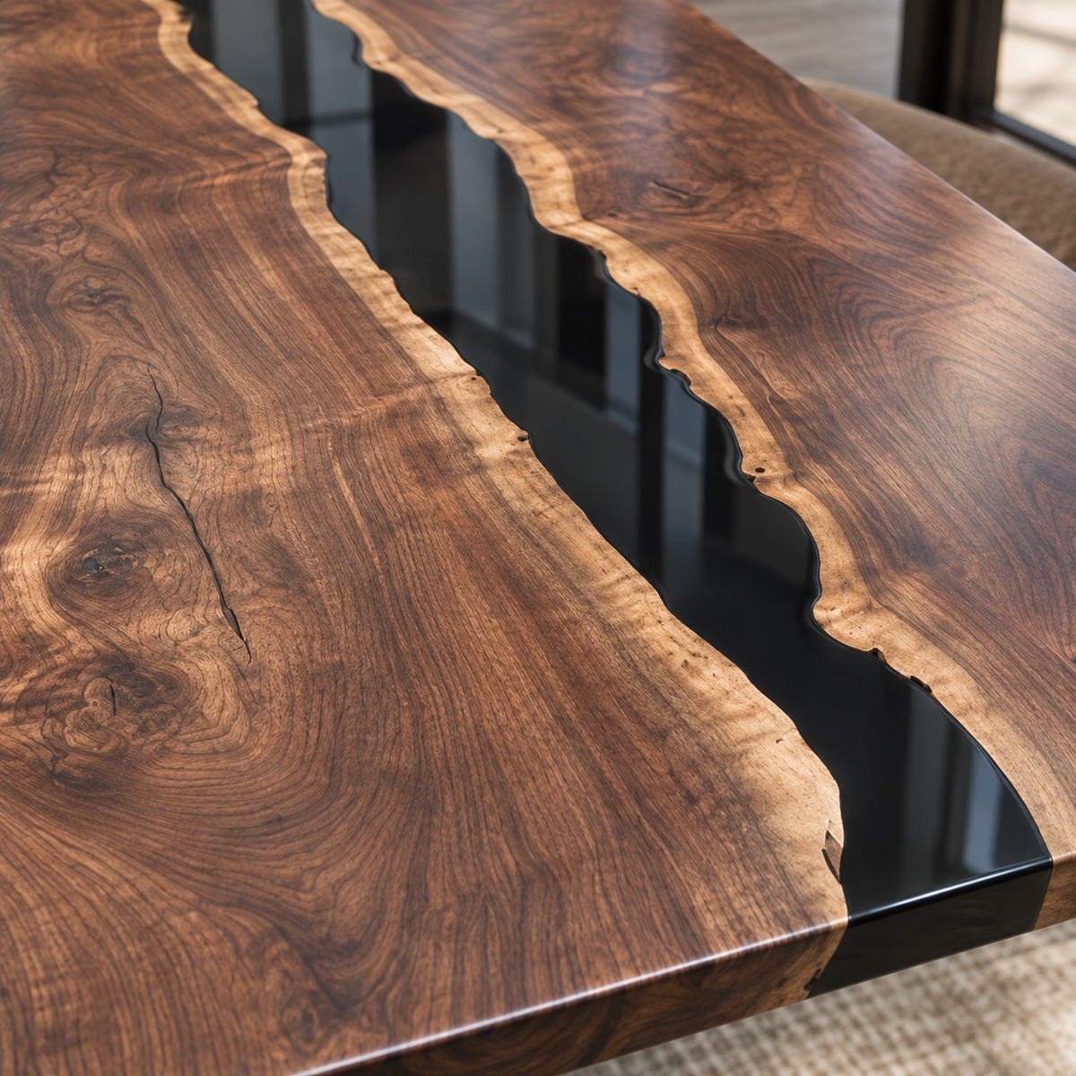 Black Walnut Wood Black Epoxy Resin Table for Home Dining Spaces