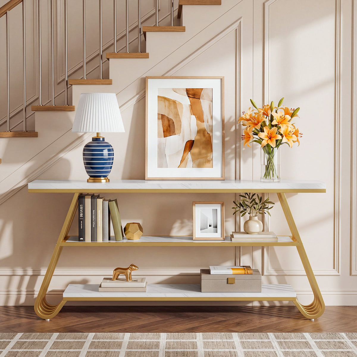 71" Faux Marble Console Table, 3-Tier Modern Entryway Sofa Table, Living Room