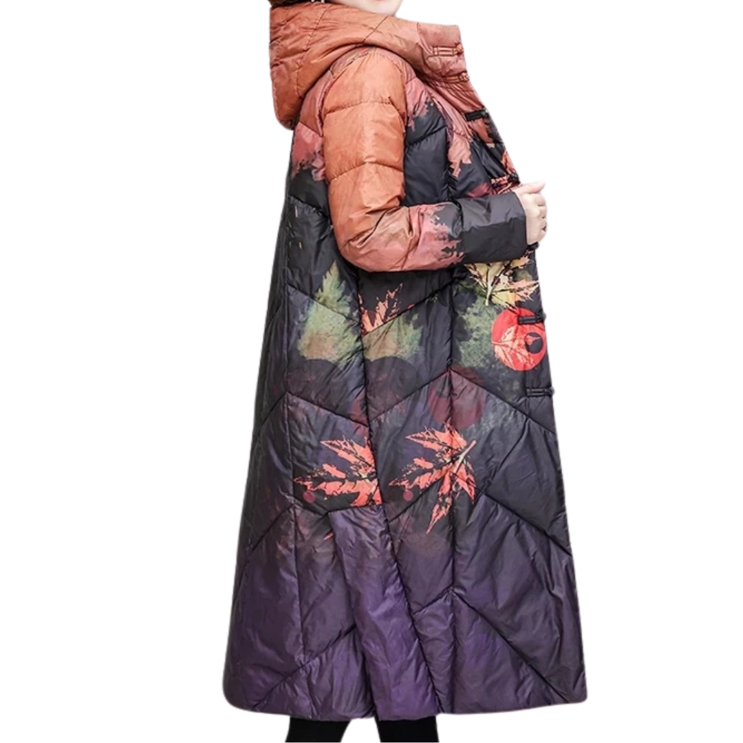 Allysa | Women’s Long Winter Puffer Jacket | Leaf Print