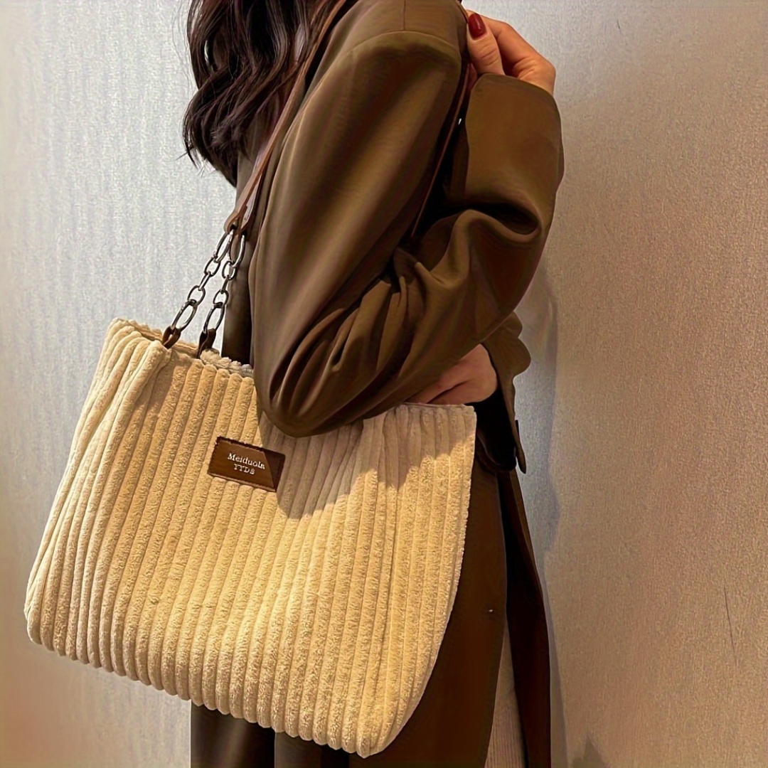 Sandara | Women’s Corduroy Tote Bag | Striped Shoulder Handbag