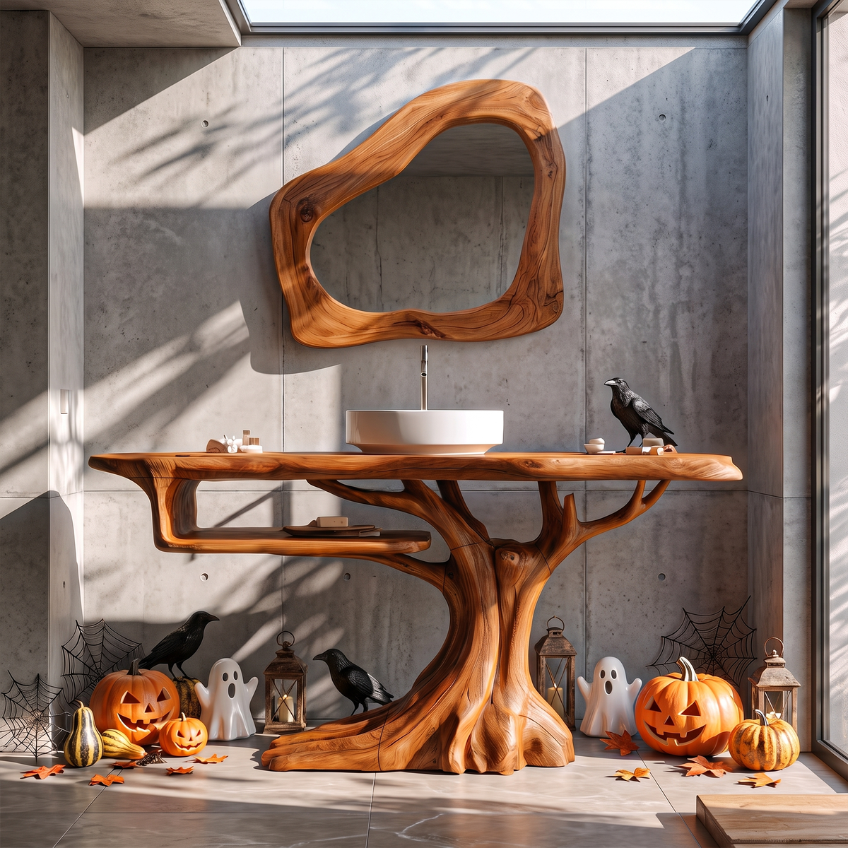 Rustic Halloween Wooden Bathroom Vanity With Branch Inspired Frame For Bathroom SINLKIBRV341