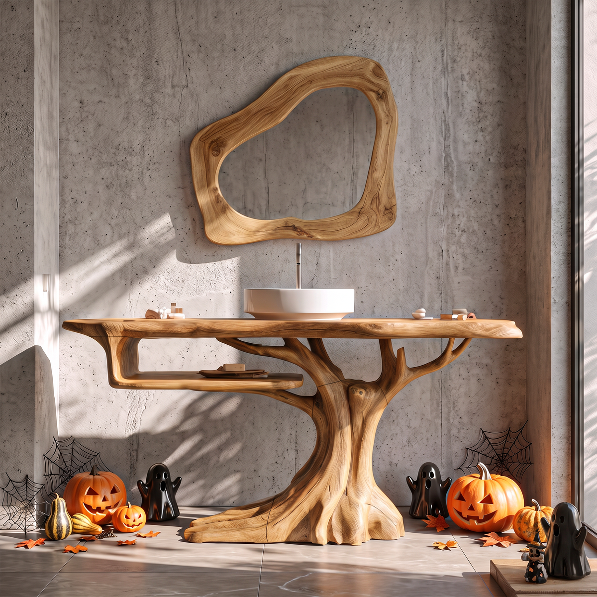 Rustic Halloween Wooden Bathroom Vanity With Branch Inspired Frame For Bathroom SINLKIBRV341
