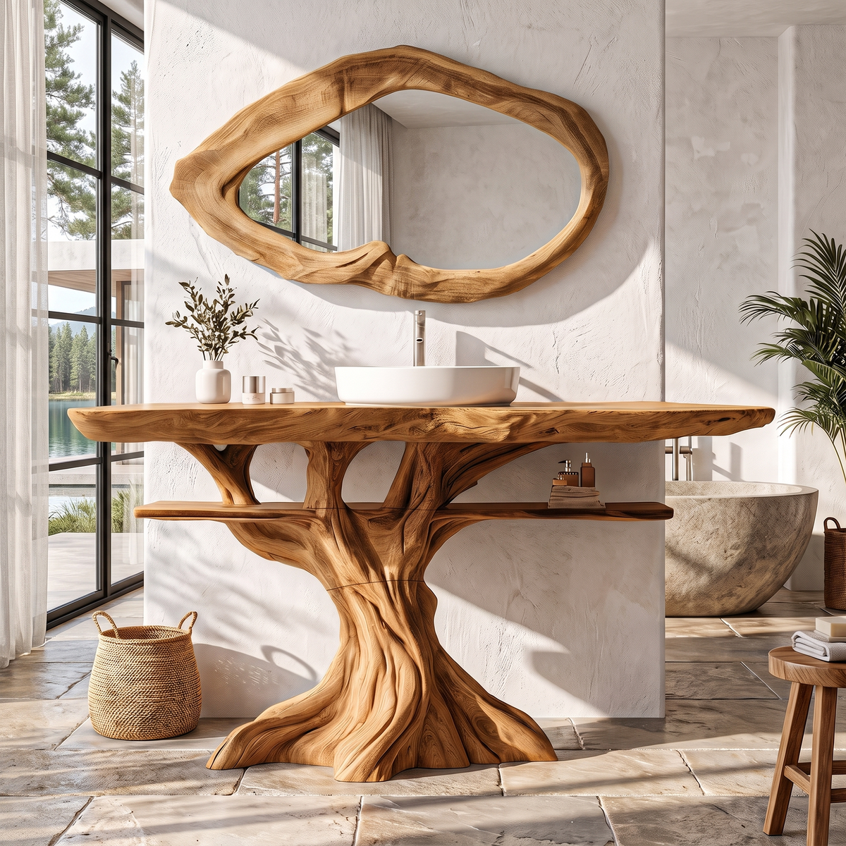 Contemporary Wooden Bathroom Vanity With Tree Inspired Frame For Bathroom SINLKIBRV345