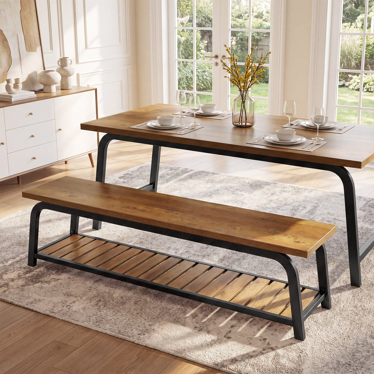 63" Industrial Dining Bench, 2-Tier Kitchen Bench with Metal Frame for Dining Room