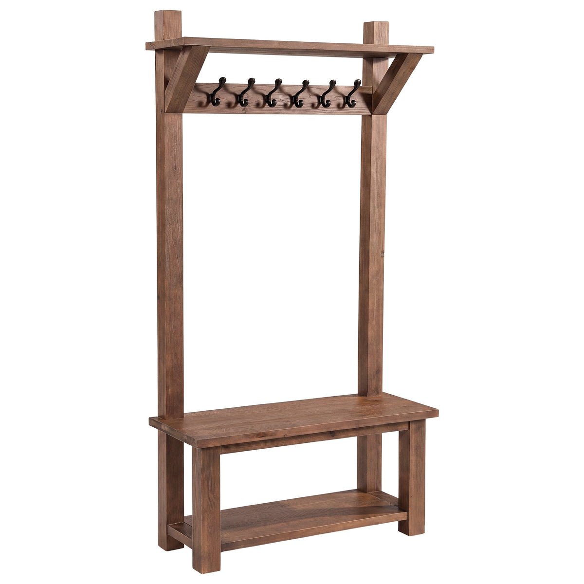 71" Solid Wood Hall Tree, 4-in-1 with 2-Tier Shoe Rack, 6 Hooks, Farmhouse Entryway