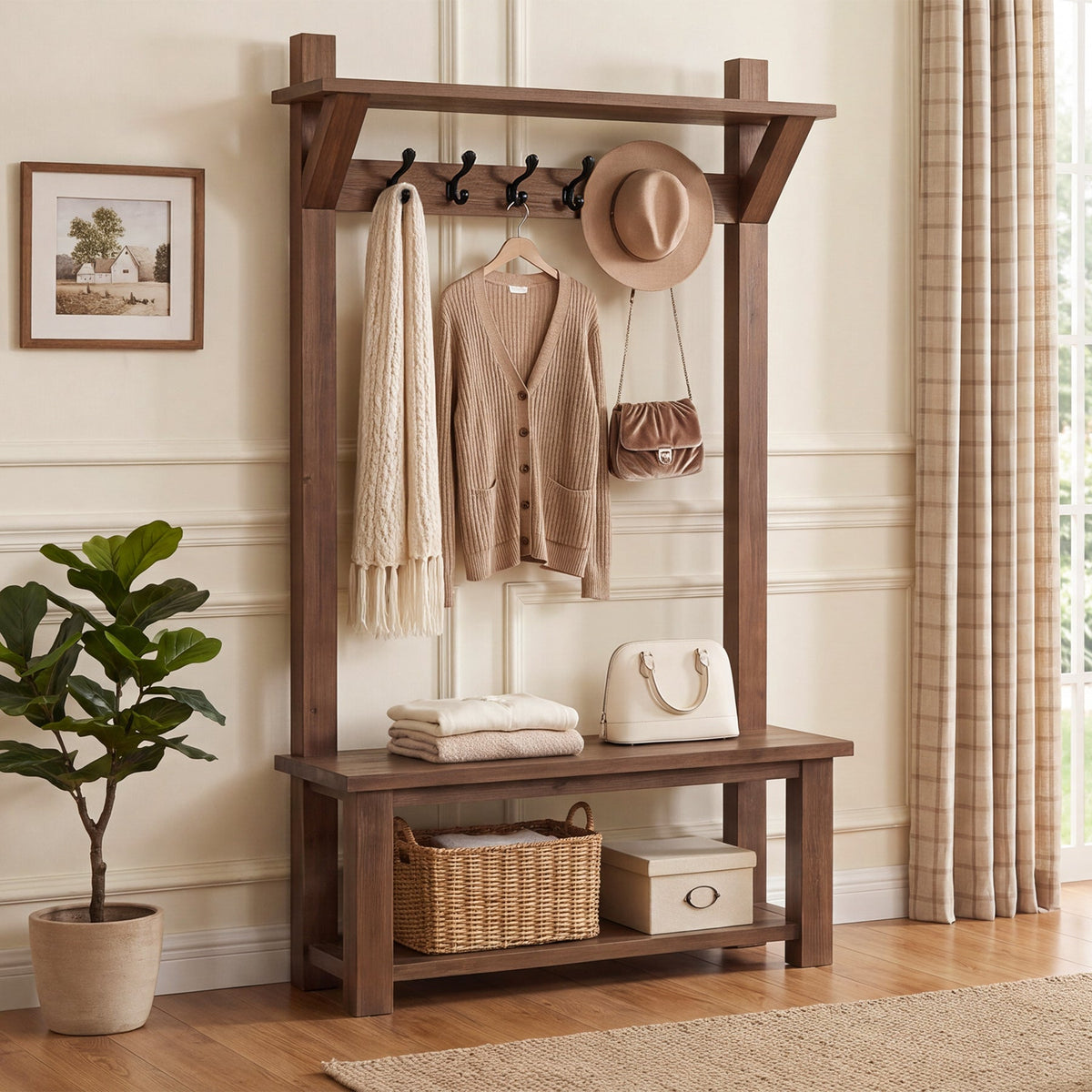 71" Solid Wood Hall Tree, 4-in-1 with 2-Tier Shoe Rack, 6 Hooks, Farmhouse Entryway