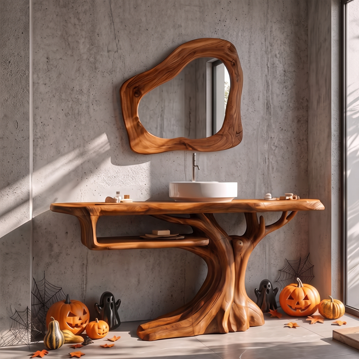 Rustic Halloween Wooden Bathroom Vanity With Branch Inspired Frame For Bathroom SINLKIBRV341