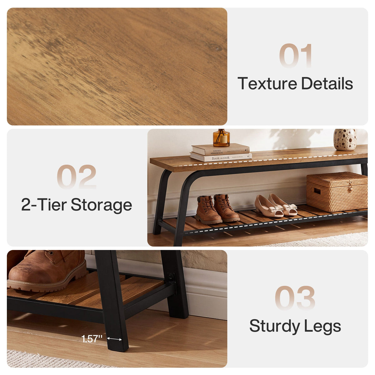 63" Industrial Entryway Bench, 2-Tier Shoe Storage Bench with Metal Frame for Hallway