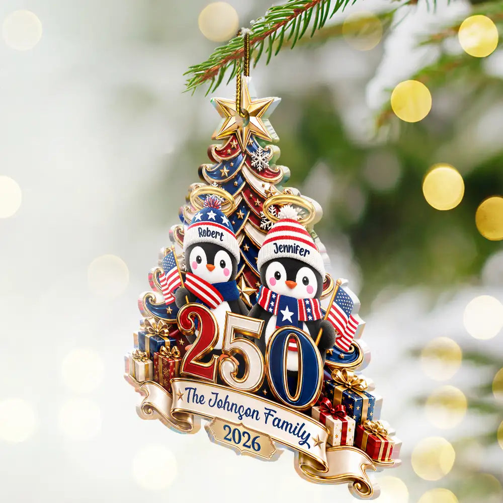 America 250th Anniversary Penguin Family Christmas - Personalized Custom Shaped Acrylic Ornament