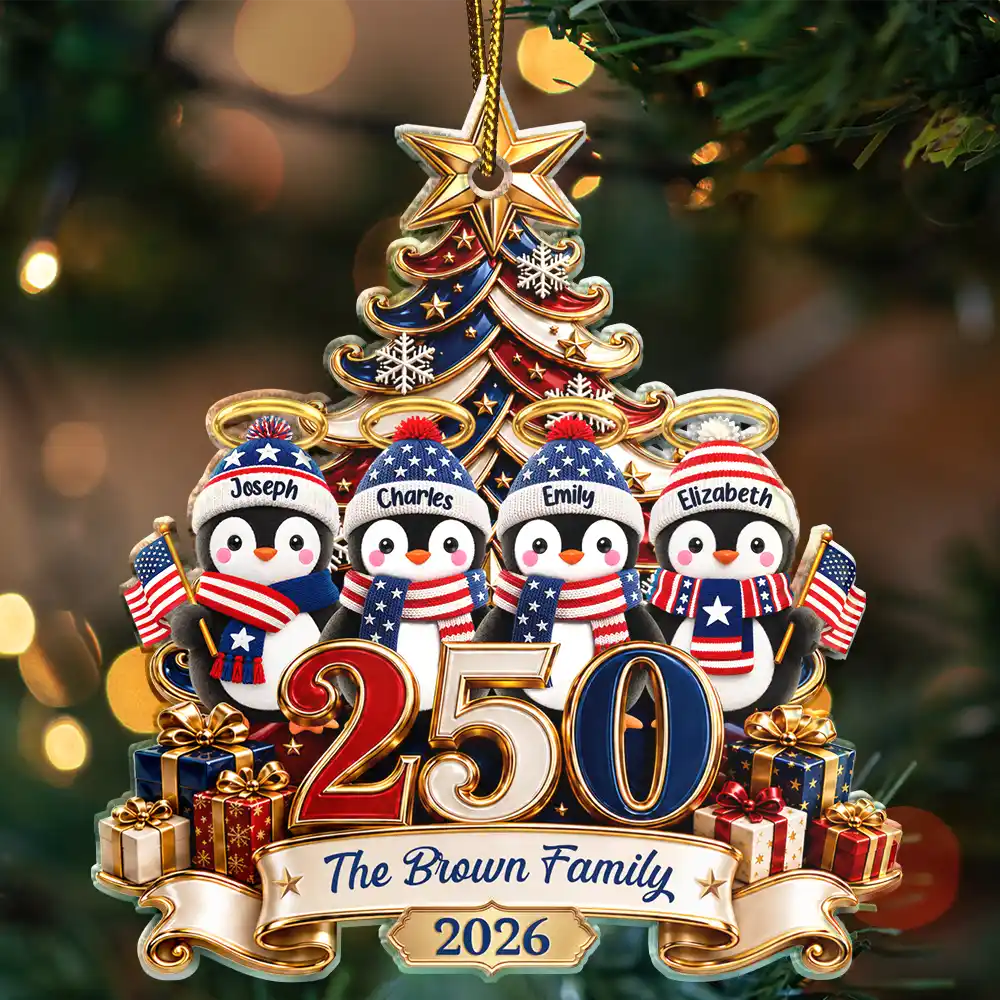 America 250th Anniversary Penguin Family Christmas - Personalized Custom Shaped Acrylic Ornament